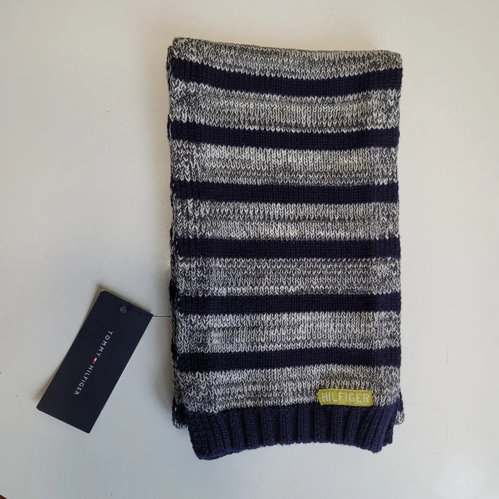 Tommy Hilfiger Navy and Gray Striped Knit Scarf